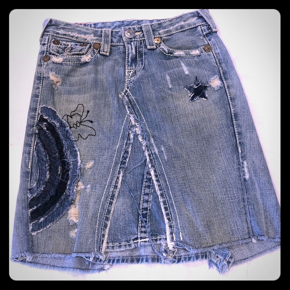 TRUE RELIGION rare Y2K vintage patchwork denim skirt